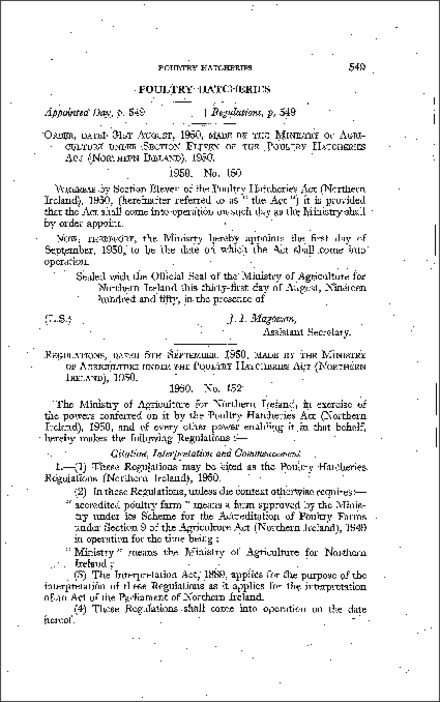 The Poultry Hatcheries Act (Northern Ireland) 1950 - Appointed Day Order (Northern Ireland) 1950