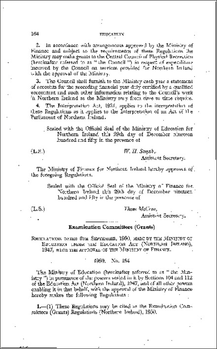 The Examination Committees (Grants) Regulations (Northern Ireland) 1950