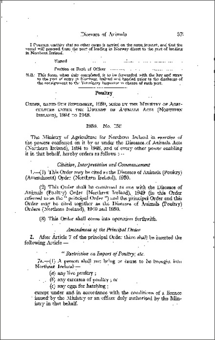 The Diseases of Animals (Poultry) (Amendment) Order (Northern Ireland) 1950