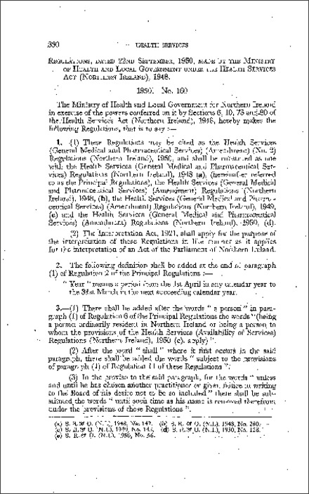 The Health Services (General Medical and Pharmaceutical Services) (Amendment) (No. 2) Regulations (Northern Ireland) 1950