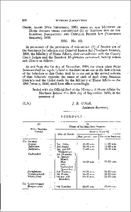 The Summary Jurisdiction - Petty Sessions Districts and Times - Co. Antrim and Co. Londonderry (Northern Ireland) 1950