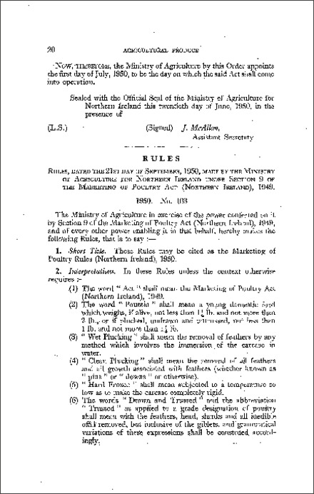 The Marketing of Poultry Rules (Northern Ireland) 1950