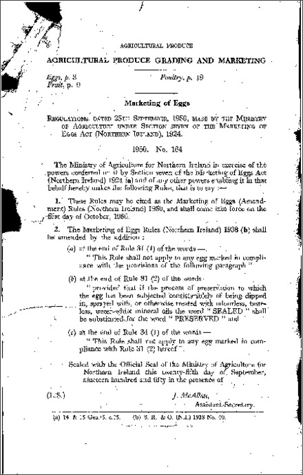 The Marketing of Eggs (Amendment) Rules (Northern Ireland) 1950