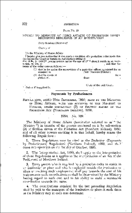 The Probation (Payments by Probationers) Regulations (Northern Ireland) 1950