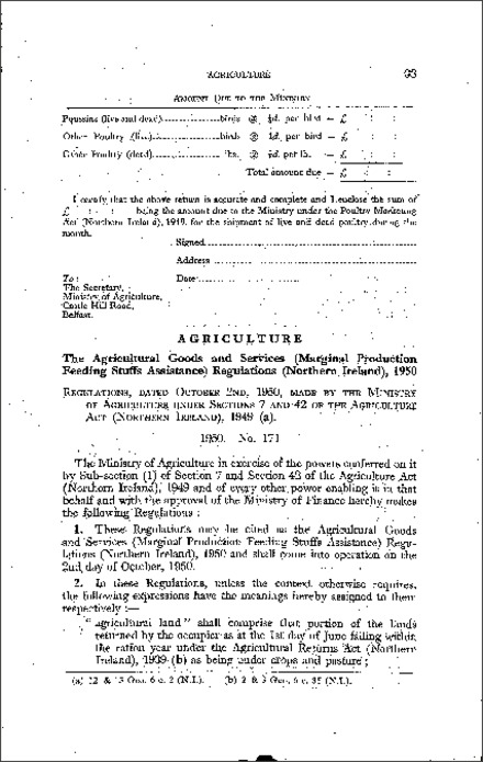 The Agricultural Goods and Services (Marginal Production Feeding Stuffs Assistance) Regulations (Northern Ireland) 1950