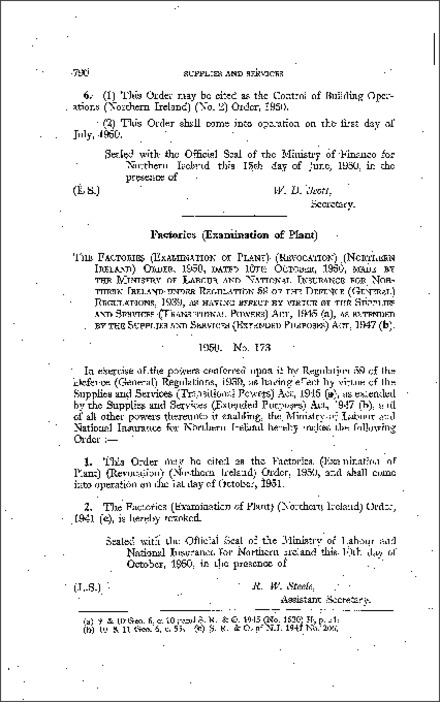 The Factories (Examination of Plant) (Revocation) Order (Northern Ireland) 1950