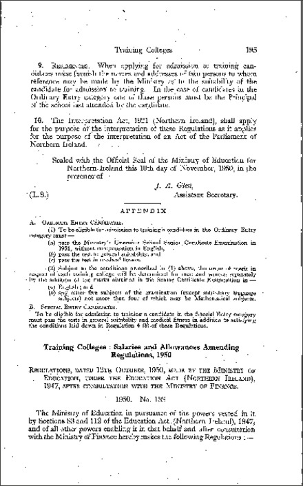 The Training College Teachers' (Salaries and Allowances) Amendment Regulations (Northern Ireland) 1950