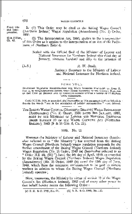 The Baking Wages Council Wages Regulations (Amendment) (No. 3) Order (Northern Ireland) 1950