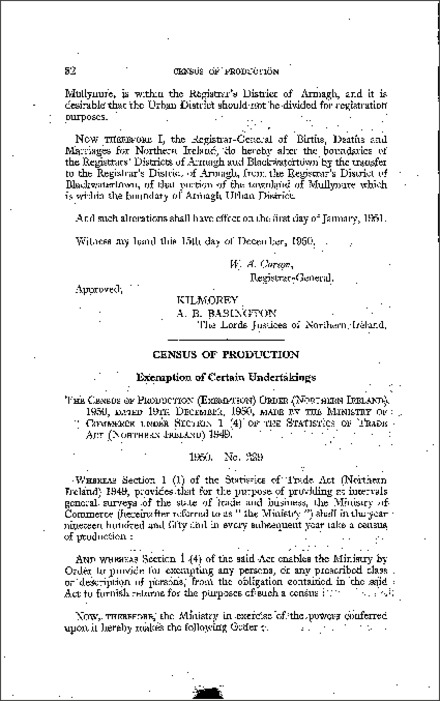 The Census of Production (Exemption) Order (Northern Ireland) 1950