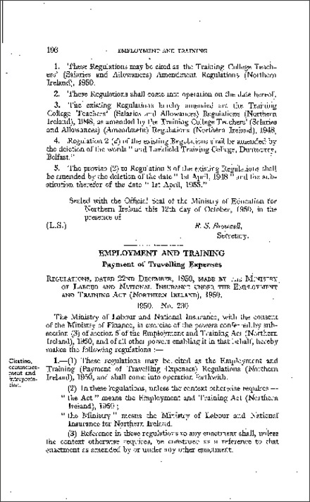 The Employment and Training (Payment of Travelling Expenses) Regulations (Northern Ireland) 1950