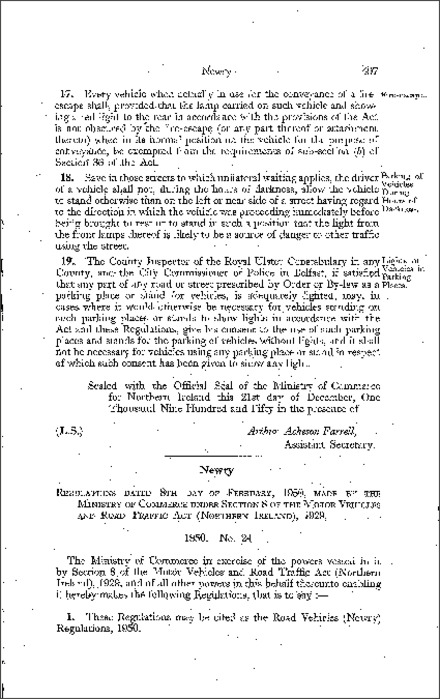 The Road Vehicles (Newry) Regulations (Northern Ireland) 1950