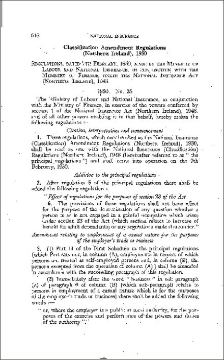 The National Insurance (Classification) Amendment Regulations (Northern Ireland) 1950
