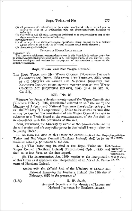 The Rope, Twine and Net Wages Council (Constitution) Order (Northern Ireland) 1950