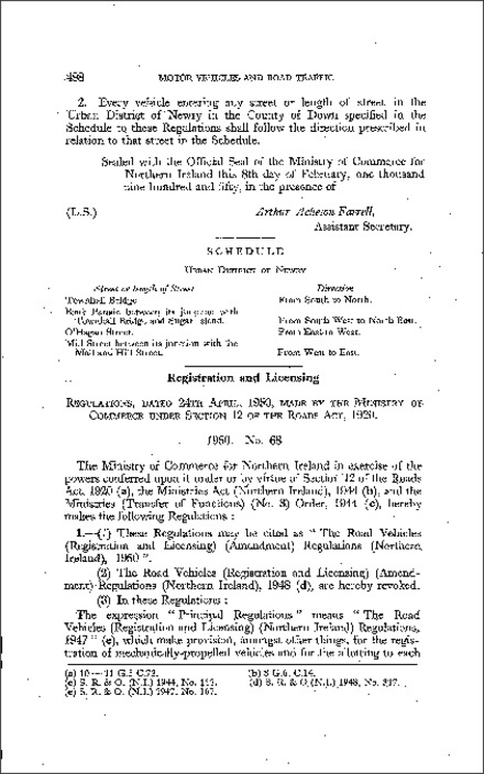 The Road Vehicles (Registration and Licensing) (Amendment) Regulations (Northern Ireland) 1950