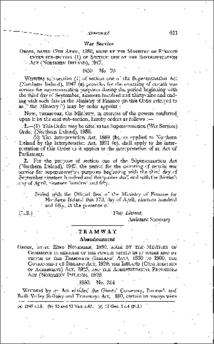 The Superannuation (War Service) Order (Northern Ireland) 1950