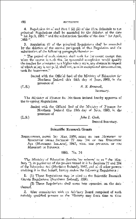 The Scientific Research Grants Regulations (Northern Ireland) 1950