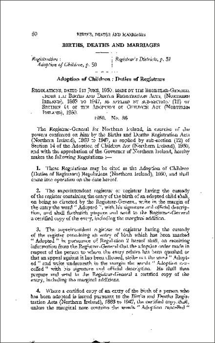 The Adoption of Children (Duties of Registrars) Regulations (Northern Ireland) 1950