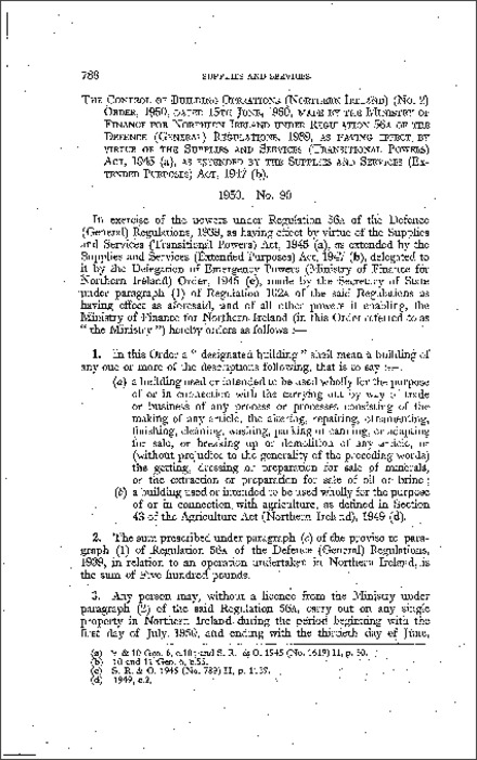 The Control of Building Operations (No. 2) Order (Northern Ireland) 1950