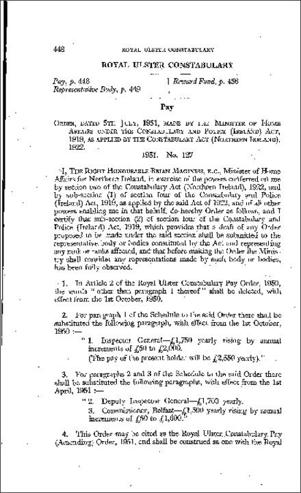 The Royal Ulster Constabulary Pay (Amendment) Order (Northern Ireland) 1951