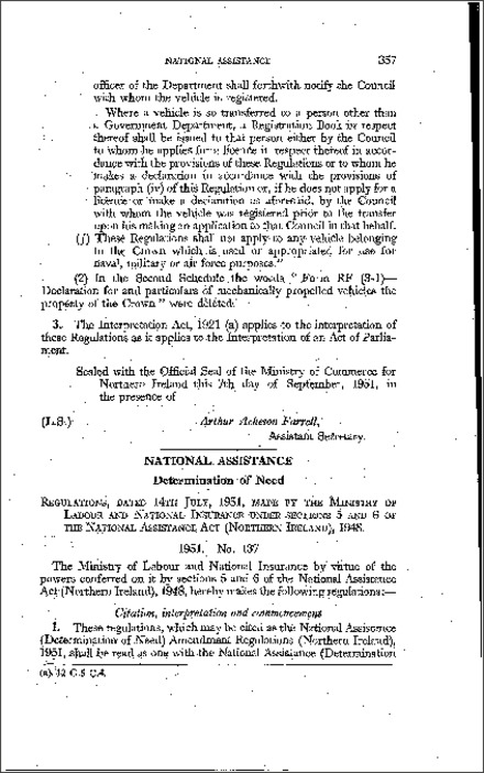 The National Assistance (Determination of Need) Amendment Regulations (Northern Ireland) 1951