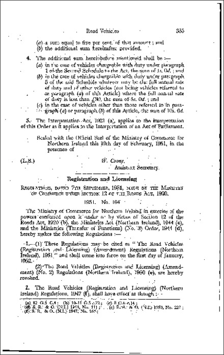The Road Vehicles (Registration and Licensing) (Amendment) Regulations (Northern Ireland) 1951