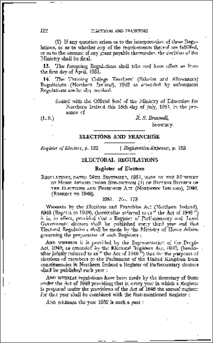 The Electoral (Register of Electors) (Amendment) Regulations (Northern Ireland) 1951