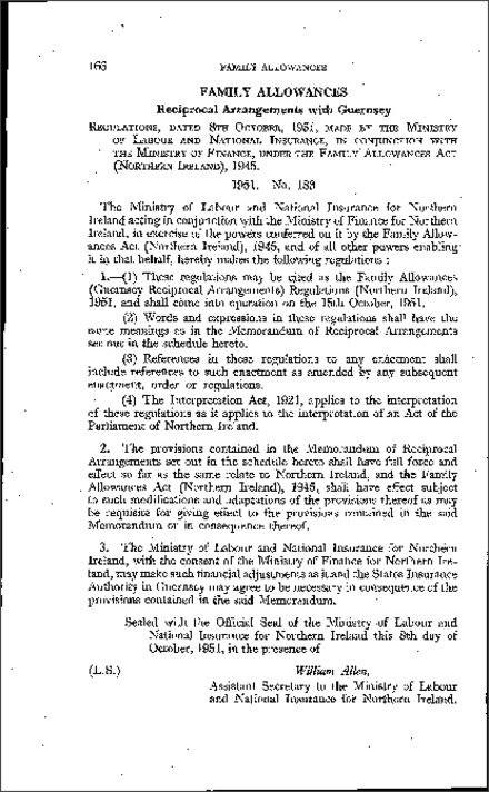 The Family Allowances (Guernsey Reciprocal Arrangements) Regulations (Northern Ireland) 1951