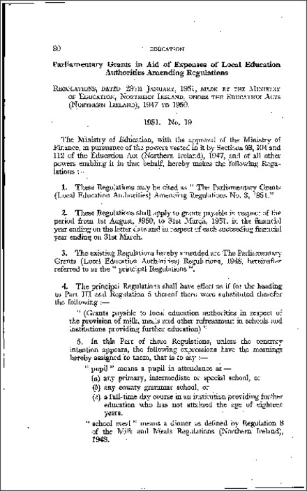 The Parliamentary Grants (Local Education Authorities) Amendment Regulations No. 3 (Northern Ireland) 1951