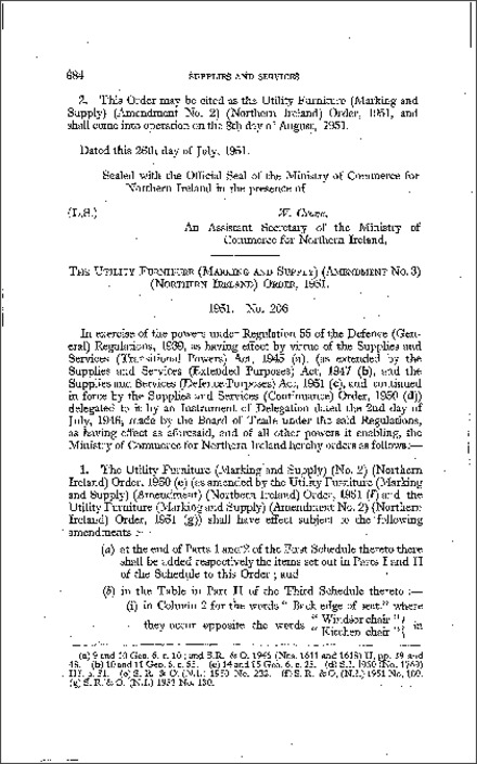 The Utility Furniture (Marking and Supply) (Amendment No. 3) Order (Northern Ireland) 1951