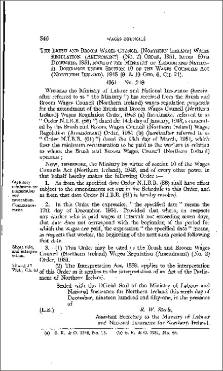 The Brush and Broom Wages Council (Northern Ireland) Wages Regulations (Amendment) (No. 2) Order (Northern Ireland) 1951