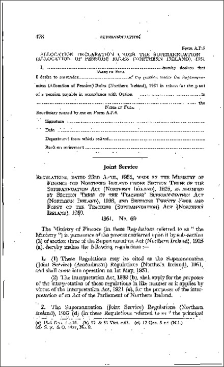 The Superannuation (Joint Service) (Amendment) Regulations (Northern Ireland) 1951
