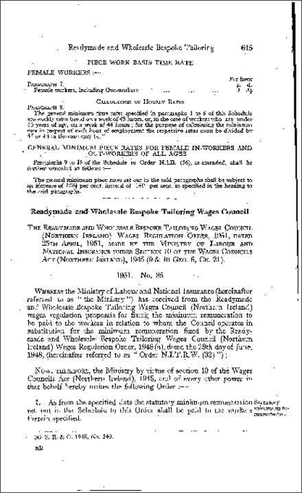 The Readymade and Wholesale Bespoke Tailoring Wages Council (Northern Ireland) Wages Regulations Order (Northern Ireland) 1951