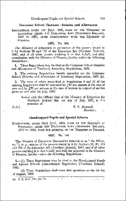 The Grammar School (Salaries and Allowances of Teachers) Amendment Regulations (Northern Ireland) 1952