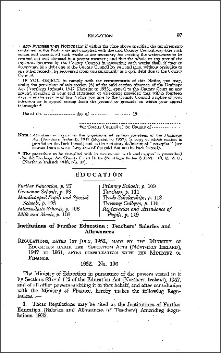 The Institutions of Further Education (Salaries and Allowances of Teachers) Amendment Regulations (Northern Ireland) 1952