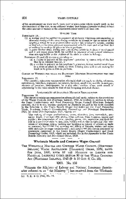 The Wholesale Mantle and Costume Wages Council (Northern Ireland) Wages Regulations (Holidays) Order (Northern Ireland) 1952