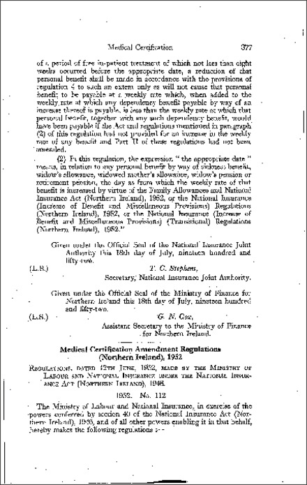 The National Insurance (Medical Certification) Amendment Regulations (Northern Ireland) 1952