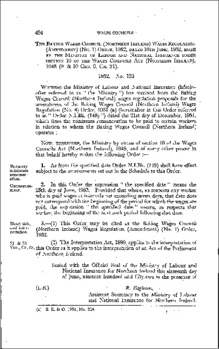 The Baking Wages Council (Northern Ireland) Wages Regulations (Amendment) (No. 1) Order (Northern Ireland) 1952