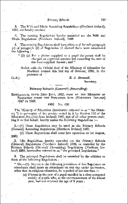 The Primary Schools (General) Amendment Regulations (Northern Ireland) 1952