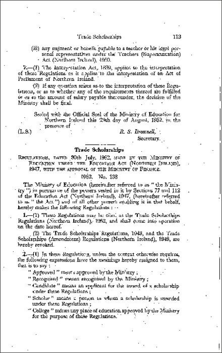 The Trade Scholarships Regulations (Northern Ireland) 1952