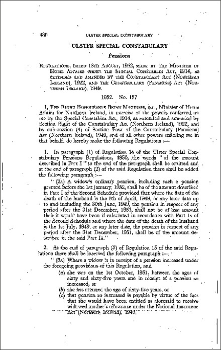 The Ulster Special Constabulary Pensions (Amendment) Regulations (Northern Ireland) 1952