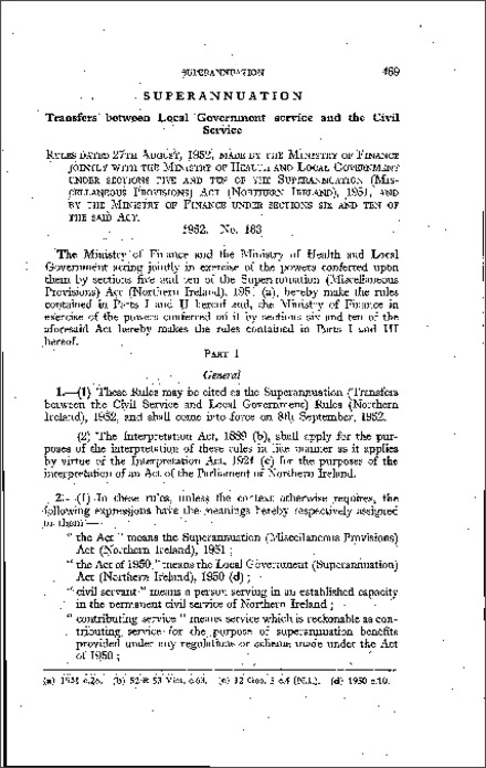 The Superannuation (Transfers between the Civil Service and Local Government) Rules (Northern Ireland) 1952