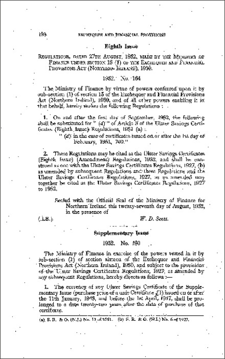 The Ulster Savings Certificates (Eighth Issue) (Amendment) Regulations (Northern Ireland) 1952