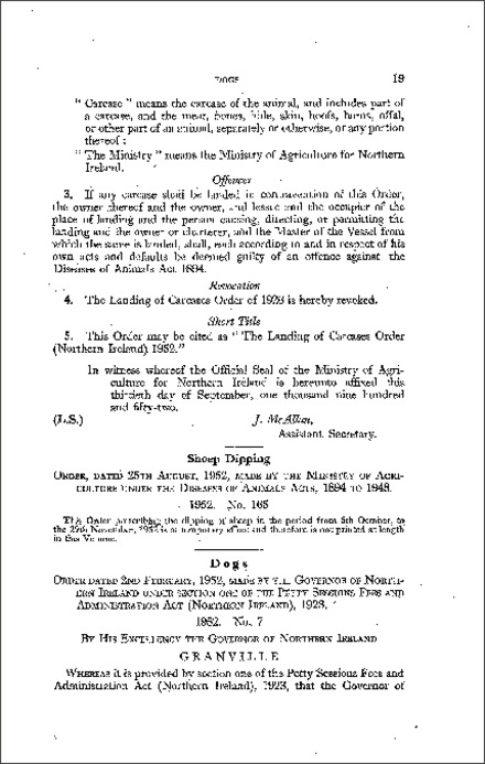 The Sheep Dipping (Special Regulations) Order (Northern Ireland) 1952