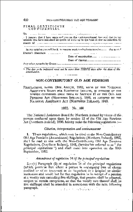 The Non-Contributory Old Age Pensions (Amendment) Regulations (Northern Ireland) 1952