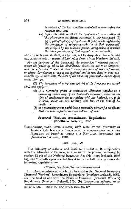 The National Insurance (Seasonal Workers) Amendment Regulations (Northern Ireland) 1952
