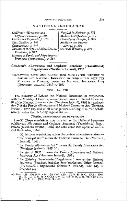 The National Insurance (Children's Allowances and Orphans' Pensions) (Transitional) Regulations (Northern Ireland) 1952