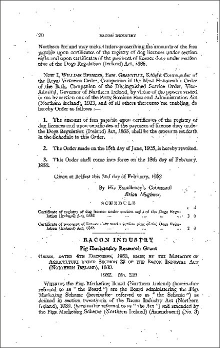 The Bacon Industry (Pig Husbandry Research Grant) Order (Northern Ireland) 1952
