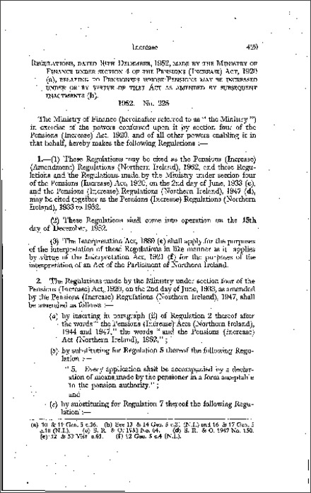 The Pensions (Increase) (Amendment) Regulations (Northern Ireland) 1952