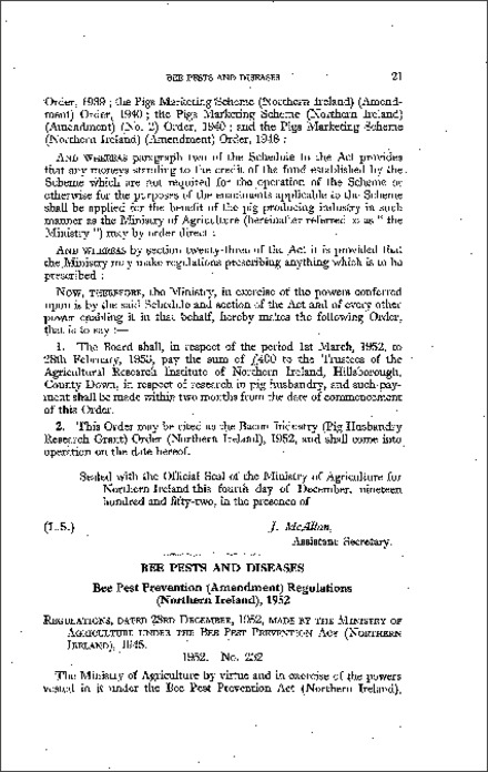 The Bee Pest Prevention (Amendment) Regulations (Northern Ireland) 1952