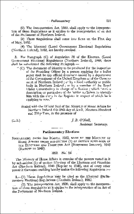 The Electoral (Parliamentary Elections) Regulations (Northern Ireland) 1952
